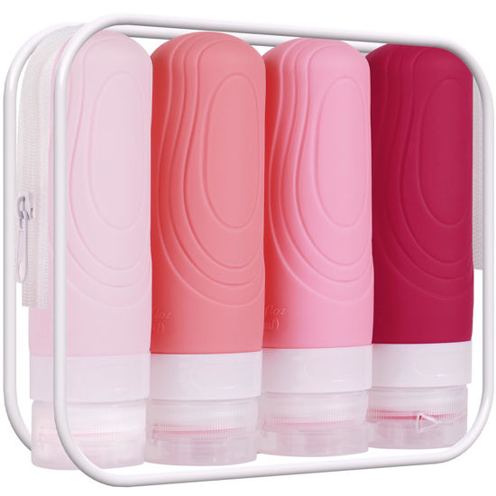 Picture of GLAMFIELDS TSA Approved Travel Bottles for Toiletries, 3oz Size Leak Proof Silicone Containers for Shampoo, Conditioner,Easy to Squeeze and Portable, Essentials for Traveling (4 Pack) Pink