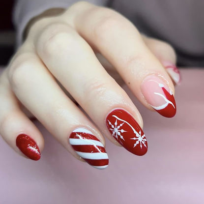 Picture of Christmas Press on Nails Short Almond MABKJLF Red Fake Nails Winter False Nails with Designs Christmas Hat Snowflake Glossy Glue on Nails Xmas Acrylic Nails for Women Girls 24 Pcs