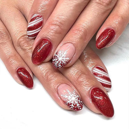 Picture of Christmas Press on Nails Short Oval MABKJLF Red French Tip Fake Nails Winter False Nails with Designs Snowflake Glitter Glossy Glue on Nails Xmas Acrylic Nails for Women Girls 24 Pcs