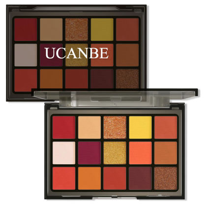 Picture of UCANBE Orange Eyeshadow Makeup Palette, 15 Colors Vibrant Shimmer Matte Glitter Eye Shadow Pallet, High Pigmented Warm Yellow Sunset Red Coral for Fall Cosplay Halloween Costume Parties Pumpkin Makeup