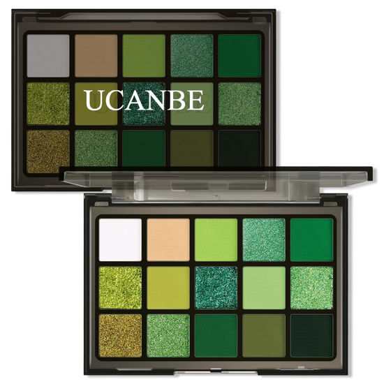 Picture of UCANBE Green Eyeshadow Makeup Palette, 15 Colors Bright Dark Green Shimmer Matte Metallic Glitter Eye Shadow, Forest Emerald Lime Pallet Kit for Cosplay Parties Christmas Halloween SFX