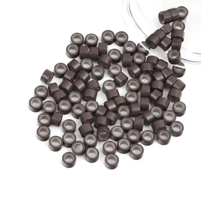 Picture of Vlasy 100Pcs 5mm Silicone Lined Micro Ring Beads for Hair Extensions 5Colors Apply (100Pcs Brown)
