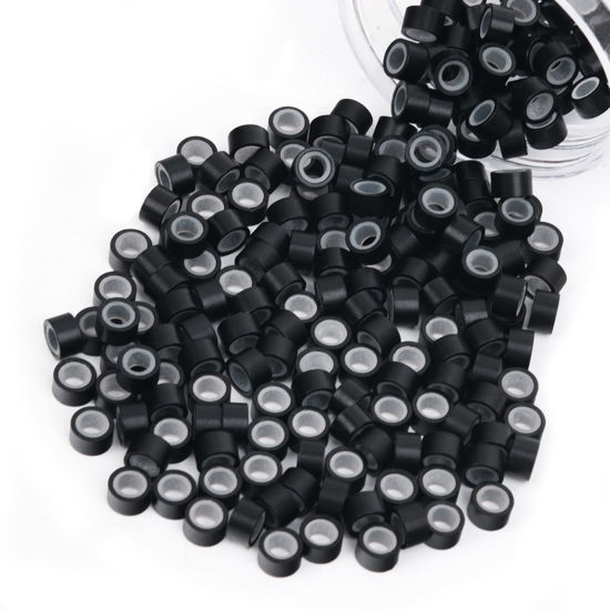Picture of Vlasy 200Pcs 5mm Silicone Lined Micro Ring Beads for Hair Extensions 5Colors Apply (200Pcs Black)