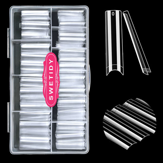 Picture of No C Curve Square Flat Nail Tips,SWETIDY 500Pcs XXL Extra Long Acrylic Clear Straight Tapered,Half Cover French Fake Nails for Nail Salon and DIY Nail Art 10 Sizes