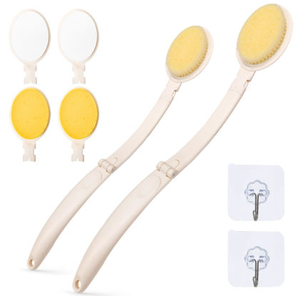 Picture of LFJ 19" Long Handle Shower Sponge Brush Set, 3 in 1 Body Brush, Bath Sponge and Lotion Applicator Improved Skin Health, Suitable for Men and Women (White Brush-2P)