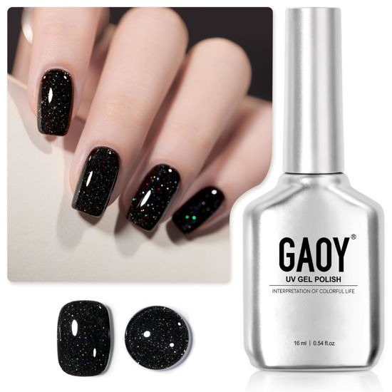 Picture of GAOY Black Reflective Glitter Gel Nail Polish, 16ml Flash Holographic Soak Off Gel Polish, UV Light Cure for Nail Art DIY at Home, 2910 Space Glitter
