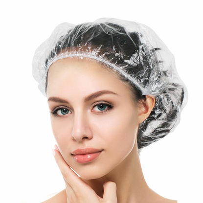 Picture of Auban 50 PCS Shower Cap Disposable,Bath Caps Larger Thick Clear Waterproof Plastic Elastic Hair Bath Caps For Women Hotel Travel Essentials Accessories Deep Conditioning Hair Care(19.3")