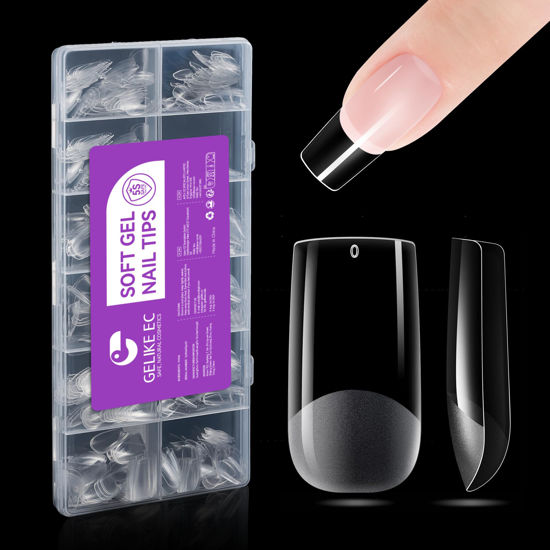 Picture of Gelike EC Soft Gel Full Cover Nail Tips Kit for Soak Off Nail Extensions, 552 Pcs Clear Medium Square Gelly Tips Pre-buff PMMA False Press on Nail Tips, 12 Sizes