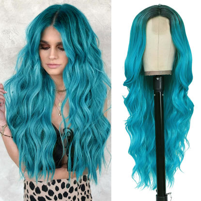 Picture of NAYOO Long Ombre Bluish Green Wavy Wig for Women 26 Inch Middle Part Curly Wavy Wig Natural Looking Synthetic Heat Resistant Fiber Wig for Daily Party Use (Ombre Bluish Green)