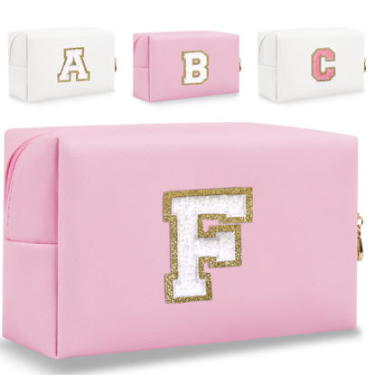 Picture of HENGNI Small Personalized Letter Makeup Bag, Cute PU Leather Chenille Letters Cosmetic Bag Travel Makeup Bag, Preppy Makeup Pouch Travel Organizer Zipper Pouch Organizer for Women and Girls(Pink-F)