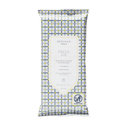 Picture of Beekman 1802 Face & Body Wipes, Fresh Air - Scented - 30 Count - Cleanses Dirt & Makeup - With Goat Milk, Aloe & Vitamin E - Alcohol Free, Biodegradable - Good for Sensitive Skin - Cruelty Free