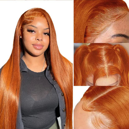 Picture of Ginger Orange Lace Front Wigs Human Hair Colored Straight Lace Front Wig 13x4 Hd Frontal Wigs Human Hair Pre Plucked With Baby Hair Ginger Wig Human Hair Lace Front Wigs for Women 150% Density 18Inch