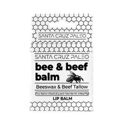 Picture of Santa Cruz Paleo Grass Fed Beef Tallow & Beeswax Lip Balm, 4 Pack, Beef Tallow for Skin Care Moisturizer, Lip Care for Dry Chapped Lips, Hypoallergenic for Sensitive Skin, Long Lasting & Vitamin Rich