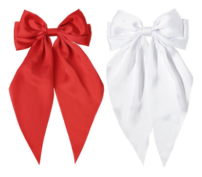 Picture of Furling Pompoms Hair Bows Clips for Women Large Bow Clips for Girls Satin Long Tails with Alligator Clips Big Hair Bow Hair Accessories (Red White)