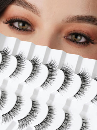 Picture of Natural Cat Eyelashes False Lashes Wispy 14mm False Eyelashes Natural Look 0.1MM Thin Band Strip Lashes Pack C Curl Fake Eyelashes Wispy Cat Eye Lashes 3D Volume Siligli Lashes 7 Pair