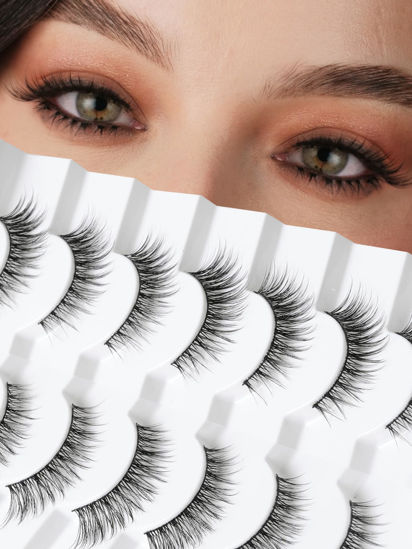 Picture of Natural Cat Eyelashes False Lashes Wispy 14mm False Eyelashes Natural Look 0.1MM Thin Band Strip Lashes Pack C Curl Fake Eyelashes Wispy Cat Eye Lashes 3D Volume Siligli Lashes 7 Pair