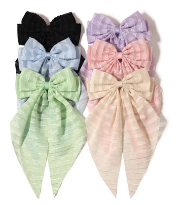Picture of Furling Pompoms Hair Clip - Hair Bow Clip for Women, 6 Pieces, Large Hair Bows with Long Tail Tulle Striped and Ribbon Bows, Suitable for Many Occasions