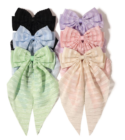 Picture of Furling Pompoms Hair Clip - Hair Bow Clip for Women, 6 Pieces, Large Hair Bows with Long Tail Tulle Striped and Ribbon Bows, Suitable for Many Occasions