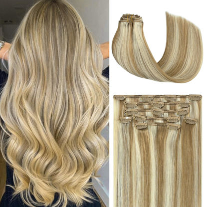 Picture of Honsoo Clip In Real Human Hair Extensions 22 Inch 70g 7pcs Mixed Bleach Blonde Natural Double Weft No Shedding No Tangling Remy Human Hair Extensions For Thin Hair