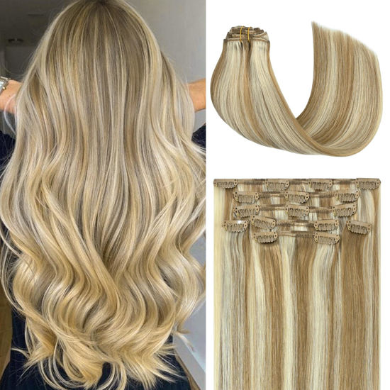 Picture of Honsoo Clip In Real Human Hair Extensions 22 Inch 70g 7pcs Mixed Bleach Blonde Natural Double Weft No Shedding No Tangling Remy Human Hair Extensions For Thin Hair