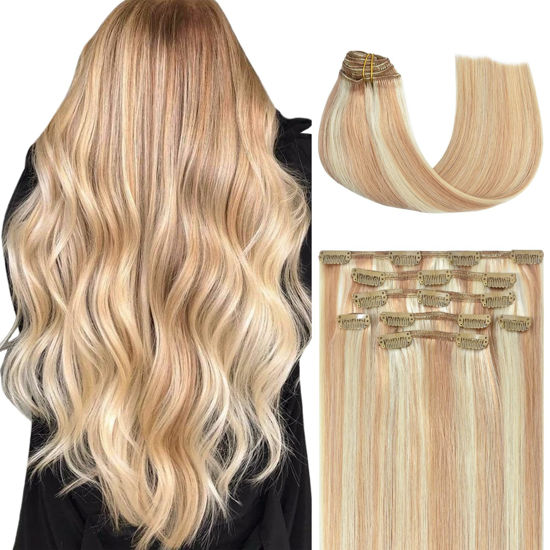 Picture of Honsoo Balayage Hair Extensions Clip in Hair Extensions Real Human Hair Double Weft 9A Hair Strawberry Blonde to Bleach Blonde Highlights 70g 7pcs 15Inch Natural Hair Straight Hair Extensions