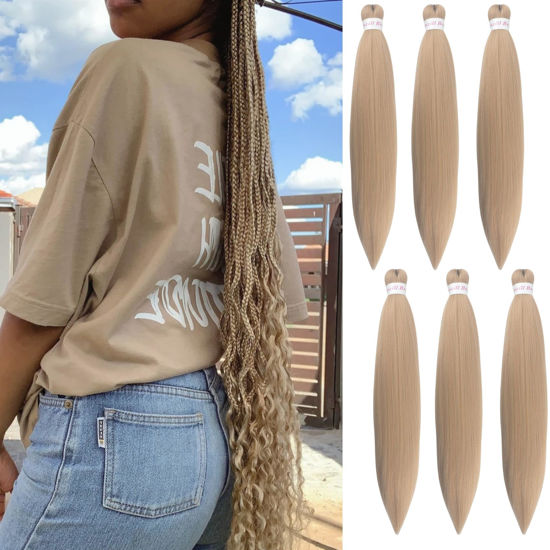 Picture of Ash Blonde Braiding Hair Pre Stretched Kanekalon Braiding Hair Extension 26 Inch Synthetic Fake Hair for Braiding (Pack of 6)