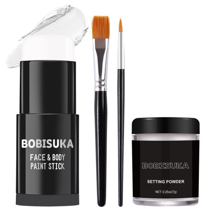 Picture of BOBISUKA White Face Paint Stick + Setting Powder+ 2 Paintbrushes Set, Clown Makeup Body Paint Eye Black Sticks for Sports, White Painting Kit for Halloween Skeleton Skull Special Effects SFX