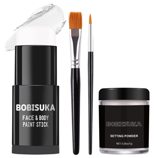 Picture of BOBISUKA White Face Paint Stick + Setting Powder+ 2 Paintbrushes Set, Clown Makeup Body Paint Eye Black Sticks for Sports, White Painting Kit for Halloween Skeleton Skull Special Effects SFX