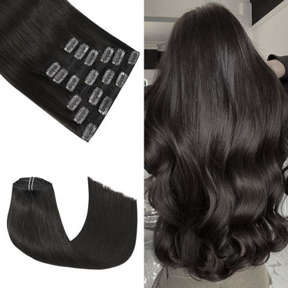 Picture of Honsoo Clip in Hair Extensions Real Human Hair Dark Brown 22in 7pcs No Shedding No Tangling Long Soft Remy Human Hair Extensions For Thin Hair
