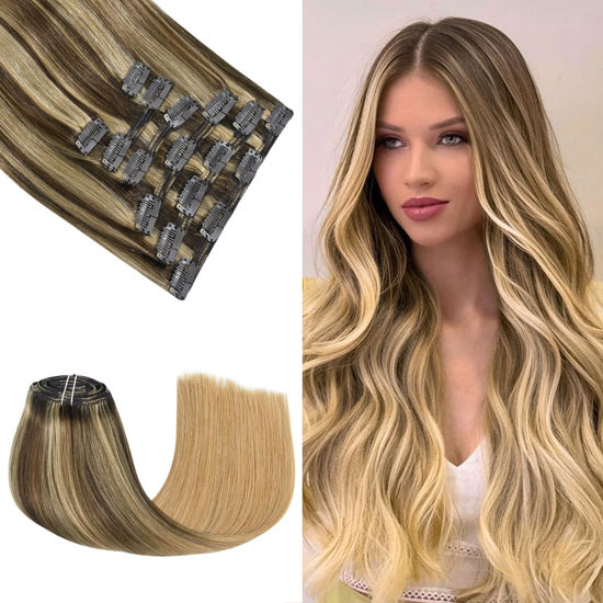 Picture of Honsoo 22in Clip In Hair Extensions For Women Soft Natural Handmade Real Human Hair Extensions Medium Brown Fading To Honey Blonde Long Straight 7pcs 120g Hair Extensions