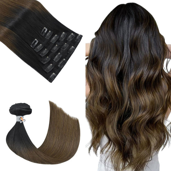 Picture of Honsoo Clip in Hair Extensions Real Human Hair, Natural Black to Medium Brown 22inch 120g 7pcs Straight Silky Brown Hair Extensions For Women