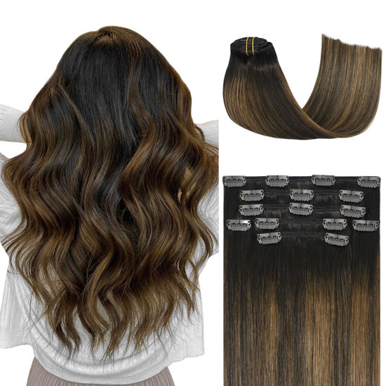 Picture of Honsoo Real Human Hair Clip In Hair Extensions Dark Brown to Chestnut Brown 7pcs 70g 15in Silky Straight Double Weft No Shedding Hair For Full Head