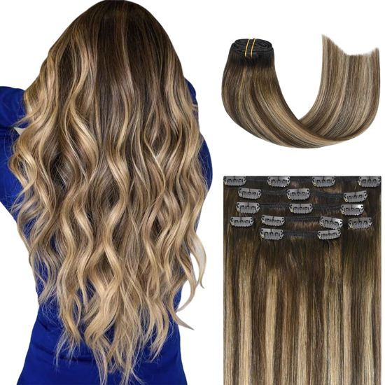 Picture of Honsoo Balayage Clip in Hair Extensions Real Human Hair, Chocolate Brown To Blonde 22inch 70g 7pcs Straight Silky Blonde Hair Extensions For Women Natural Hair