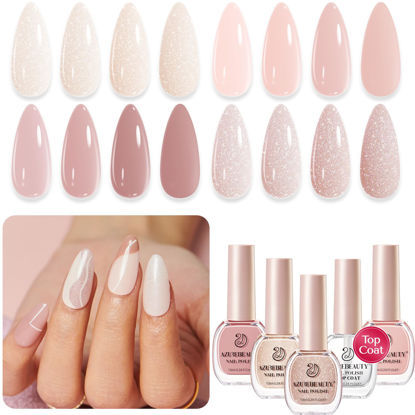 Picture of AZUREBEAUTY Nail Polish Set, 4 Colors Nude SKin Glitter Pearl All Season Vegan Quick Dry Natural Fingernail Lacquer Strengthening Treatment Kit 10ML with Top Coat DIY Salon at Home