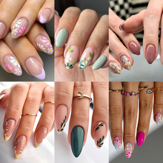 Picture of 6 Packs (144 Pcs) Press on Nails Almond, Flower Press on Nails Short, Leaf Press on Nails Medium, Almond False Nails with Nail Glue on Nails, Fake Nails for Women, Stick on Nails Kit 12 Sizes-6 Styles