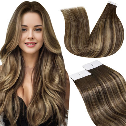 Picture of LaaVoo Human Hair Tape in Extensions Balayage Tape in Hair Extensions Human Hair Ombre Brown to Caramel Blonde with Brown Hair Extensions Tape in Real Human Hair Invisible 18 Inch 20pcs 50g