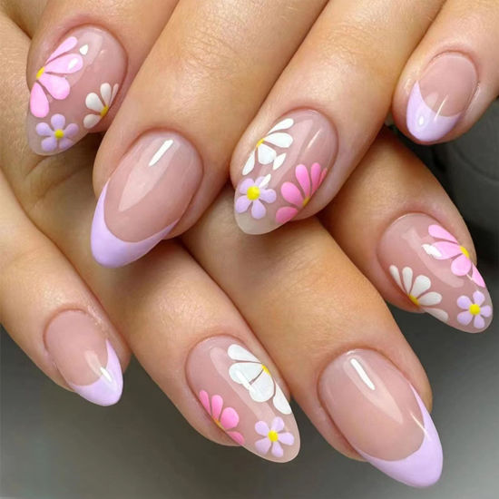 Picture of Flower Press on Nails Short Almond Fake Nails French Tip Nails Press ons Colorful Flowers Acrylic Nails Nude Pink Full Cover Glue on Nails Floral False Nails for Women Girls 24 Pcs