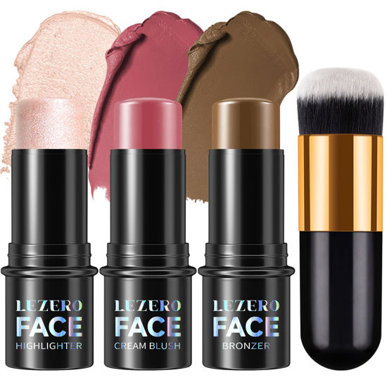Picture of 3Pcs Cream Contour Stick Makeup Kit, Shades with Highlighter Stick,Blush Stick and Bronzer Stick for Sculpt the Cheeks, Long Lasting, Waterproof, Dewy & Matte Finish, LIGHT MEDIUM (#02,05,06)