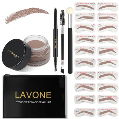 Picture of LAVONE Eyebrow Stamp Stencil Kit, Brow Stamp Trio Kit with Waterproof Eyebrow Pencil, Pomade, 20 Eyebrow Stencils, Dual-ended Eyebrow Brush and Sponge Applicator - Ash Blonde