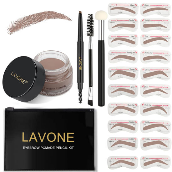 Picture of LAVONE Eyebrow Stamp Stencil Kit, Brow Stamp Trio Kit with Waterproof Eyebrow Pencil, Pomade, 20 Eyebrow Stencils, Dual-ended Eyebrow Brush and Sponge Applicator - Ash Blonde
