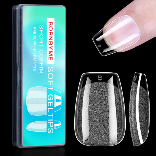 Picture of Short Coffin Soft Gel Nail Tips, BORNBYME 240 PCS Pre Buff Full Cover Shaped Nail Extenison Tips Half Matte Gel X Nail Tips Acrylic False Nail Tips