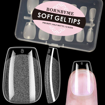 Picture of BORNBYME Short Coffin Soft Gel Nail Tips,120PCS Pre Buff Full Cover Shaped Nail Extenison Tips Half Matte Gel X Nail Tips Acrylic False Nail Tips