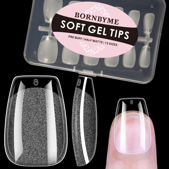 Picture of BORNBYME Short Coffin Soft Gel Nail Tips,120PCS Pre Buff Full Cover Shaped Nail Extenison Tips Half Matte Gel X Nail Tips Acrylic False Nail Tips