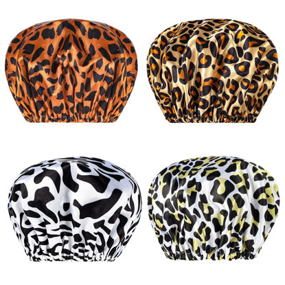 Picture of AmazerBath Shower Cap for Women, 4 Pieces Waterproof Shower Caps, Fashionable Reusable Bath Caps, EVA Hair Cap for Double Waterproof Layers Elastic Bathing Hat for Ladies Spa Salon, Medium Size