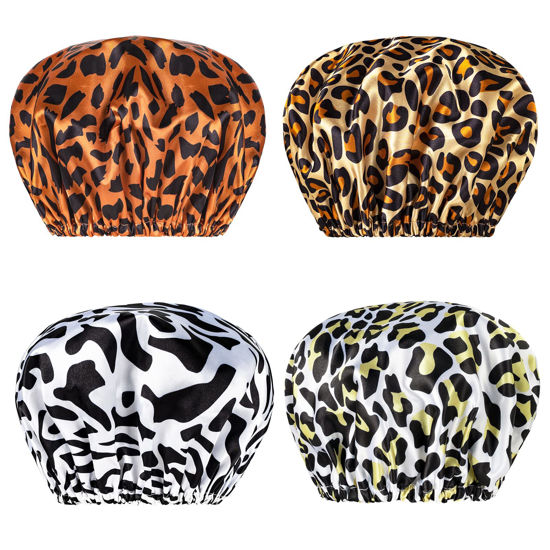 Picture of AmazerBath Shower Cap for Women, 4 Pieces Waterproof Shower Caps, Fashionable Reusable Bath Caps, EVA Hair Cap for Double Waterproof Layers Elastic Bathing Hat for Ladies Spa Salon, Medium Size