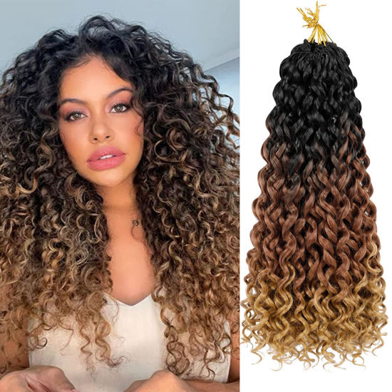 Picture of 7 Packs GoGo Curl Crochet Hair 18 Inch Long Curly Crochet Hair for Women Beach Curl Water Wave Deep Twist Crochet Braids Synthetic Braiding Hair Extensions (18 Inch, T1B/30/27)
