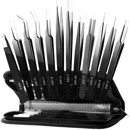 Picture of Antonki 12 Pack Precision Tweezers Set, Point and Slant Metal Tweezer Kits for Craft, Soldering, Jewelry, Ingrown Hair, Eyelash Extension, Eyebrow - with Case