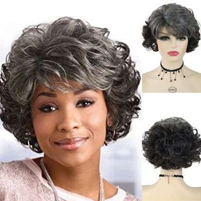 Picture of GNIMEGIL Short Black Grey Curly Hair Synthetic Womens Costume Party Gifts Mommy Wig Old Lady Wig