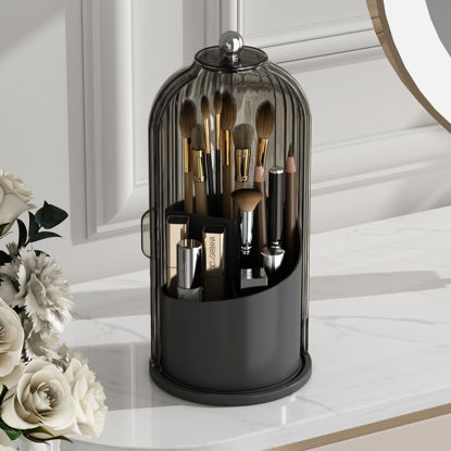 Picture of GAXmi Makeup Brush Holder with Lid Cosmetic Tools Organizer 360 Rotating Waterproof Dustproof Beauty Brushes Storage for Vanity, Black-Grey