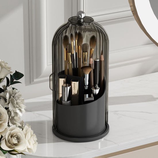 Picture of GAXmi Makeup Brush Holder with Lid Cosmetic Tools Organizer 360 Rotating Waterproof Dustproof Beauty Brushes Storage for Vanity, Black-Grey